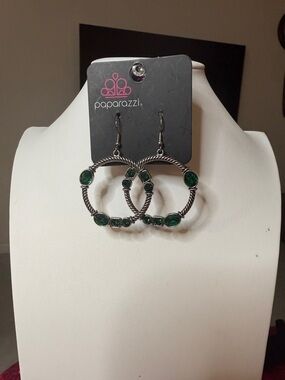 paparazzi Silver-Tone Hoop Earrings with Deep Green Stones